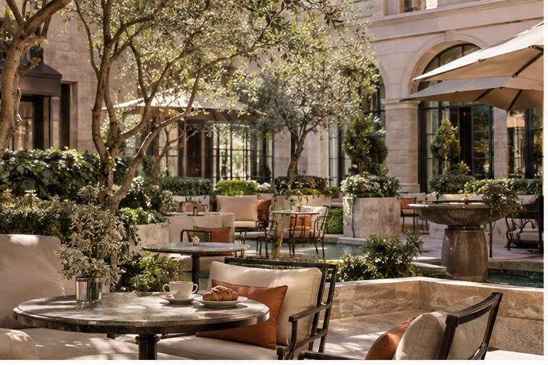 Landscaped Pevskodryna courtyard with shaded seating